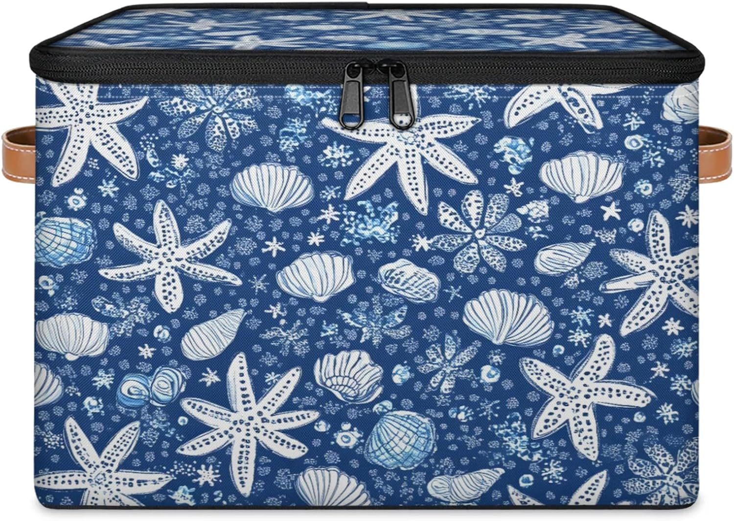 Ocean Starfish Seashell Print Storage Box | Large Fabric Foldable Organizer Bin with Zipper Lid and Side Handles | Clothes, Toys, Towels, and Books Storage
