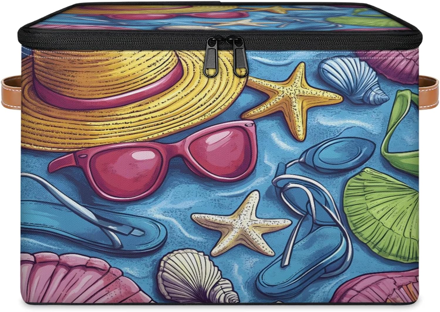 Beach Style Storage Box | Foldable Fabric Organizer with Zipper Lid and Handles | Large Capacity Clothes, Toys, Books, and Towels Bin