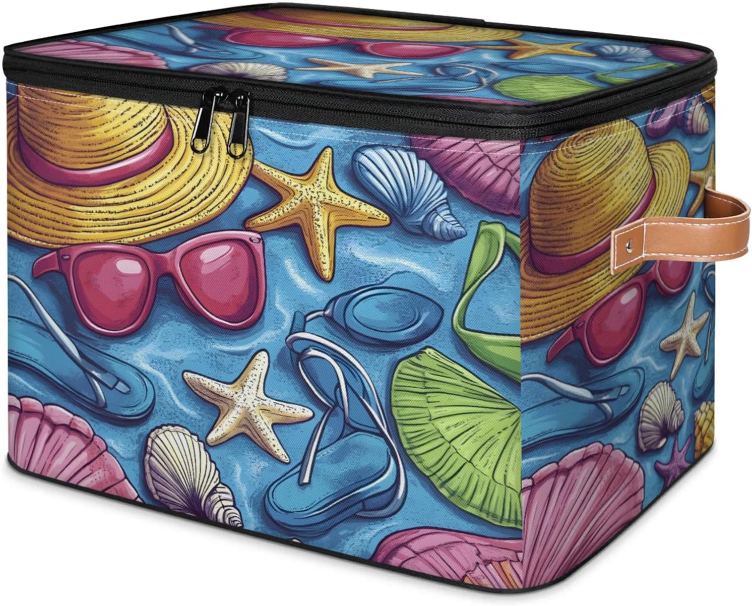 Beach Style Storage Box | Foldable Fabric Organizer with Zipper Lid and Handles | Large Capacity Clothes, Toys, Books, and Towels Bin