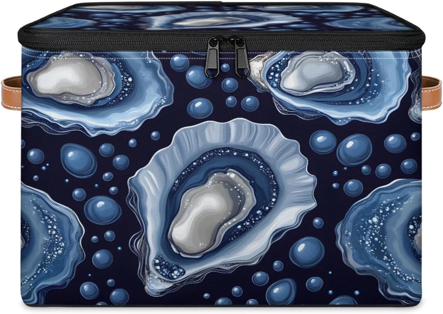 Ocean Oyster Print Storage Box — Fabric Organizer Bin with Zipper Lid & Side Handles, Foldable Large Capacity