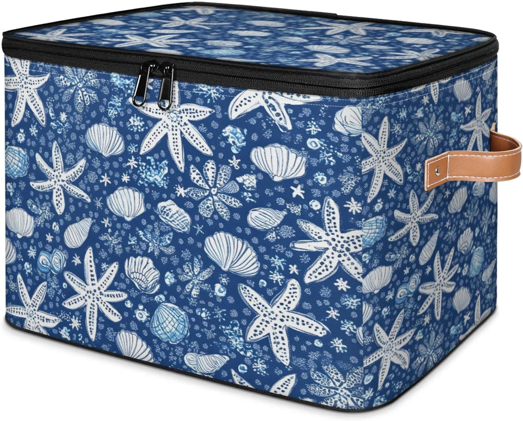 Ocean Starfish Seashell Print Storage Box | Large Fabric Foldable Organizer Bin with Zipper Lid and Side Handles | Clothes, Toys, Towels, and Books Storage