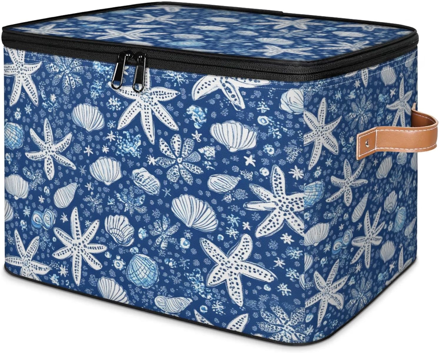 Ocean Starfish Seashell Print Storage Box | Large Fabric Foldable Organizer Bin with Zipper Lid and Side Handles | Clothes, Toys, Towels, and Books Storage