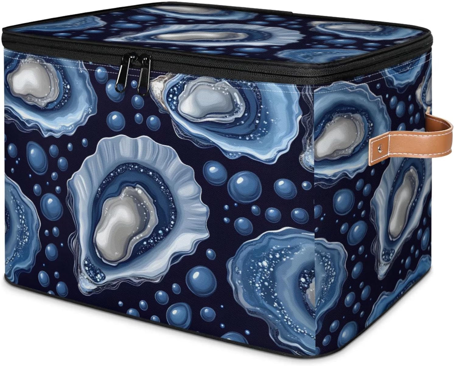Ocean Oyster Print Storage Box — Fabric Organizer Bin with Zipper Lid & Side Handles, Foldable Large Capacity