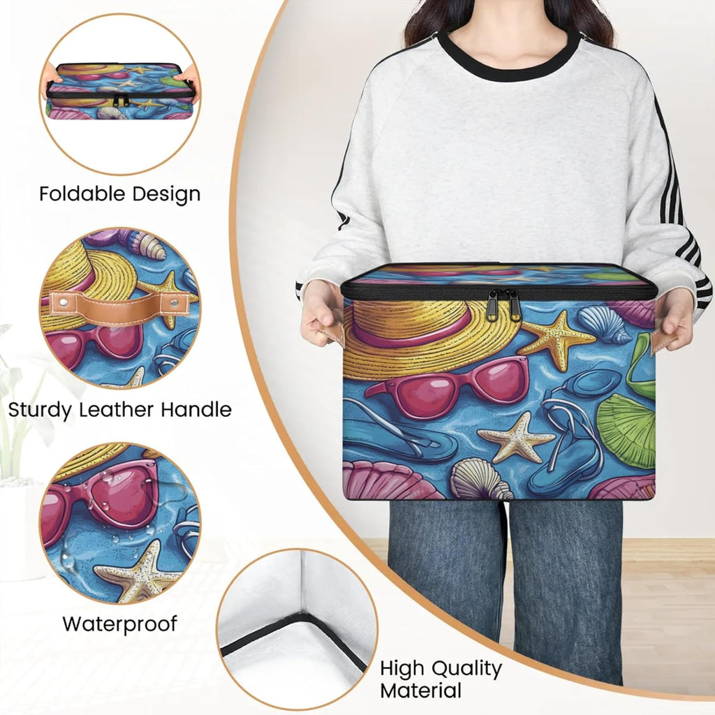 Beach Style Storage Box | Foldable Fabric Organizer with Zipper Lid and Handles | Large Capacity Clothes, Toys, Books, and Towels Bin