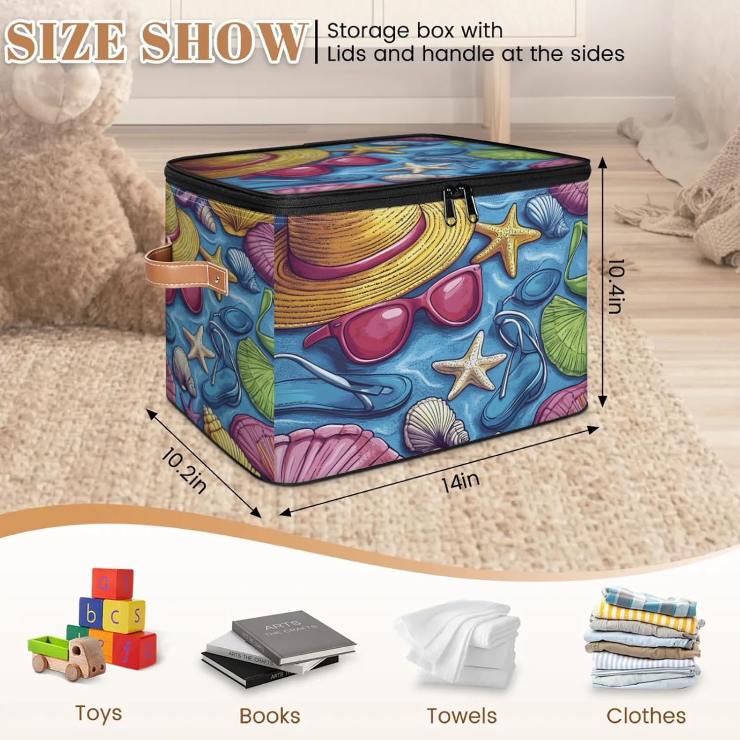 Beach Style Storage Box | Foldable Fabric Organizer with Zipper Lid and Handles | Large Capacity Clothes, Toys, Books, and Towels Bin