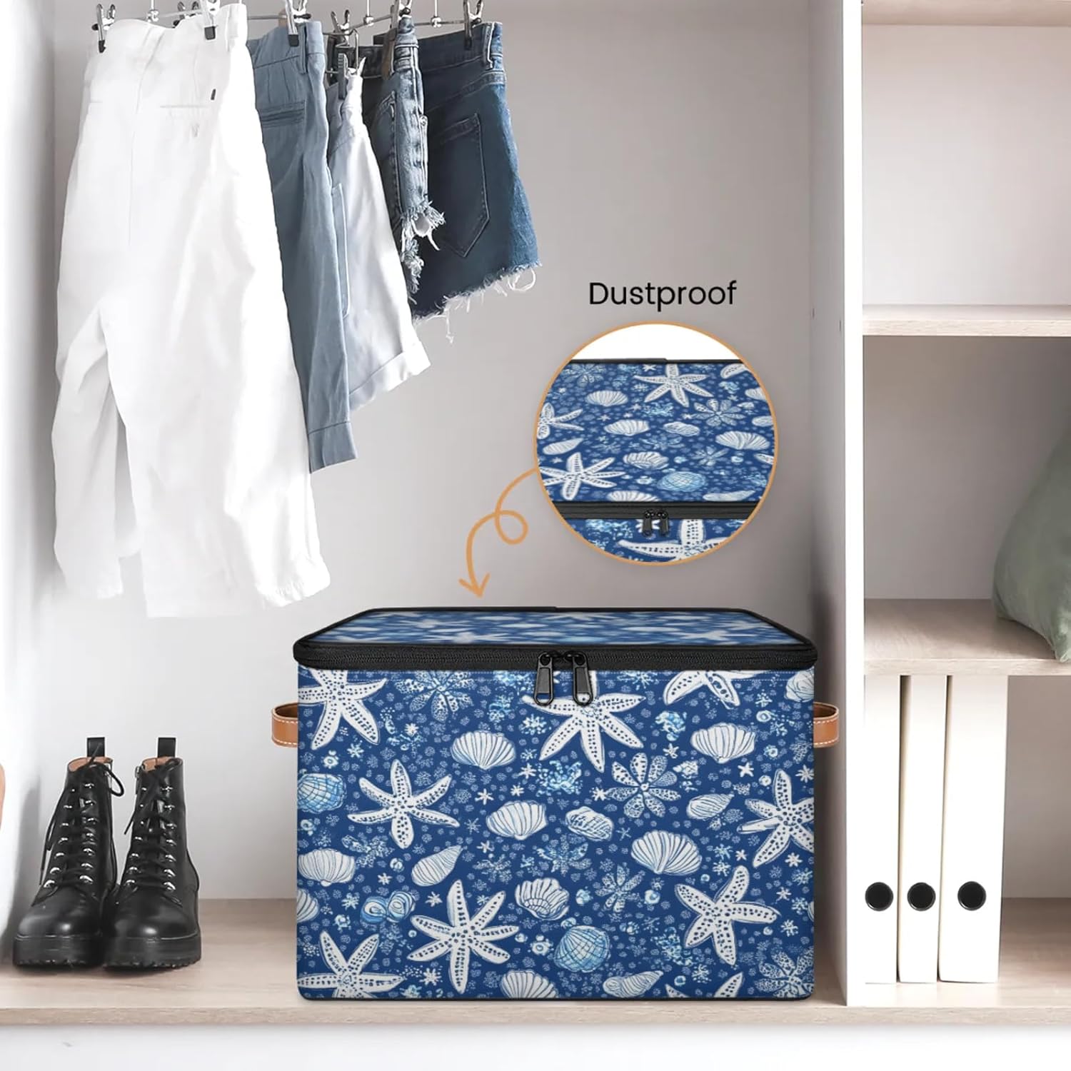 Ocean Starfish Seashell Print Storage Box | Large Fabric Foldable Organizer Bin with Zipper Lid and Side Handles | Clothes, Toys, Towels, and Books Storage