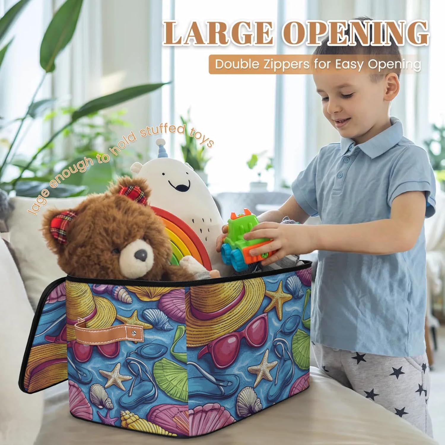 Beach Style Storage Box | Foldable Fabric Organizer with Zipper Lid and Handles | Large Capacity Clothes, Toys, Books, and Towels Bin