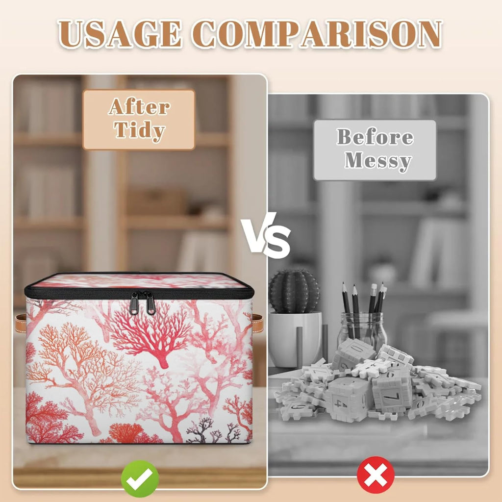 Coral Pattern Storage Box | Multi-Purpose Organizer with Zipper Lid & Side Handles | Storage Bin for Toys, Books, Clothes