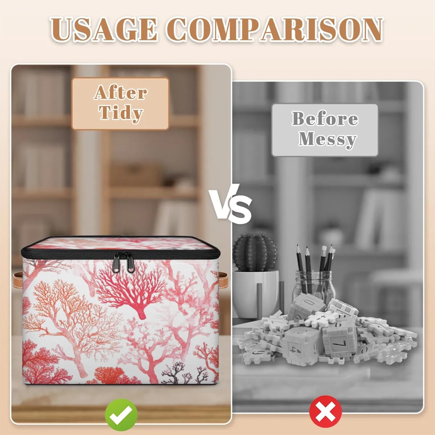 Coral Pattern Storage Box | Multi-Purpose Organizer with Zipper Lid & Side Handles | Storage Bin for Toys, Books, Clothes