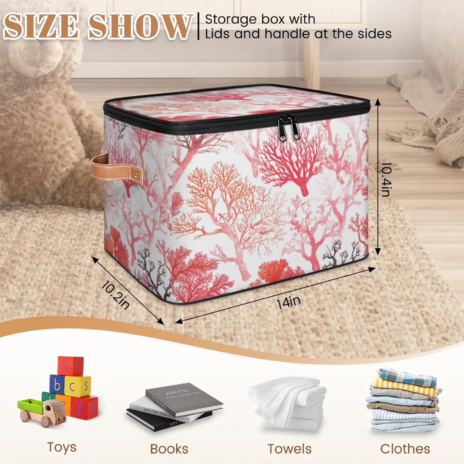 Coral Pattern Storage Box | Multi-Purpose Organizer with Zipper Lid & Side Handles | Storage Bin for Toys, Books, Clothes