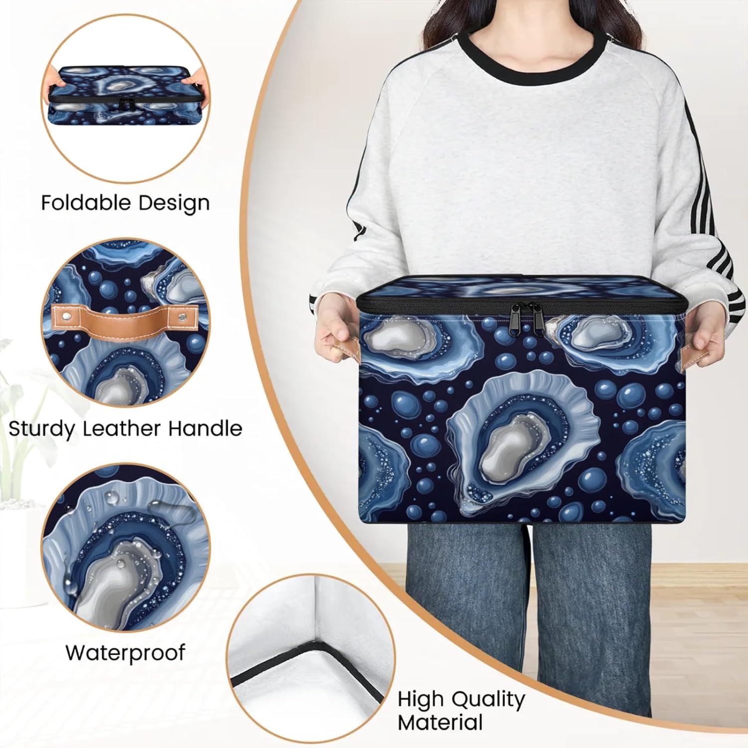 Ocean Oyster Print Storage Box — Fabric Organizer Bin with Zipper Lid & Side Handles, Foldable Large Capacity