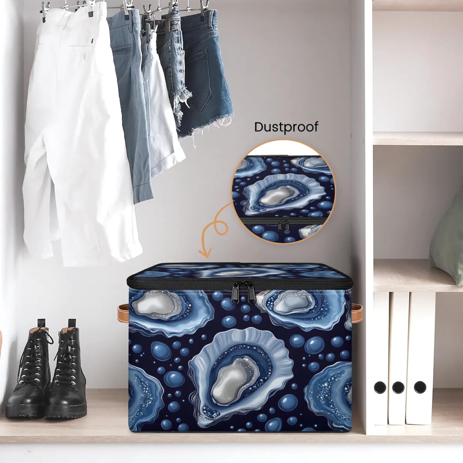 Ocean Oyster Print Storage Box — Fabric Organizer Bin with Zipper Lid & Side Handles, Foldable Large Capacity