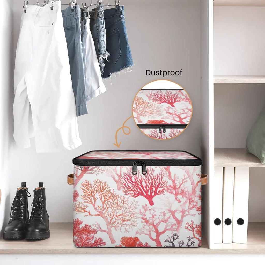 Coral Pattern Storage Box | Multi-Purpose Organizer with Zipper Lid & Side Handles | Storage Bin for Toys, Books, Clothes