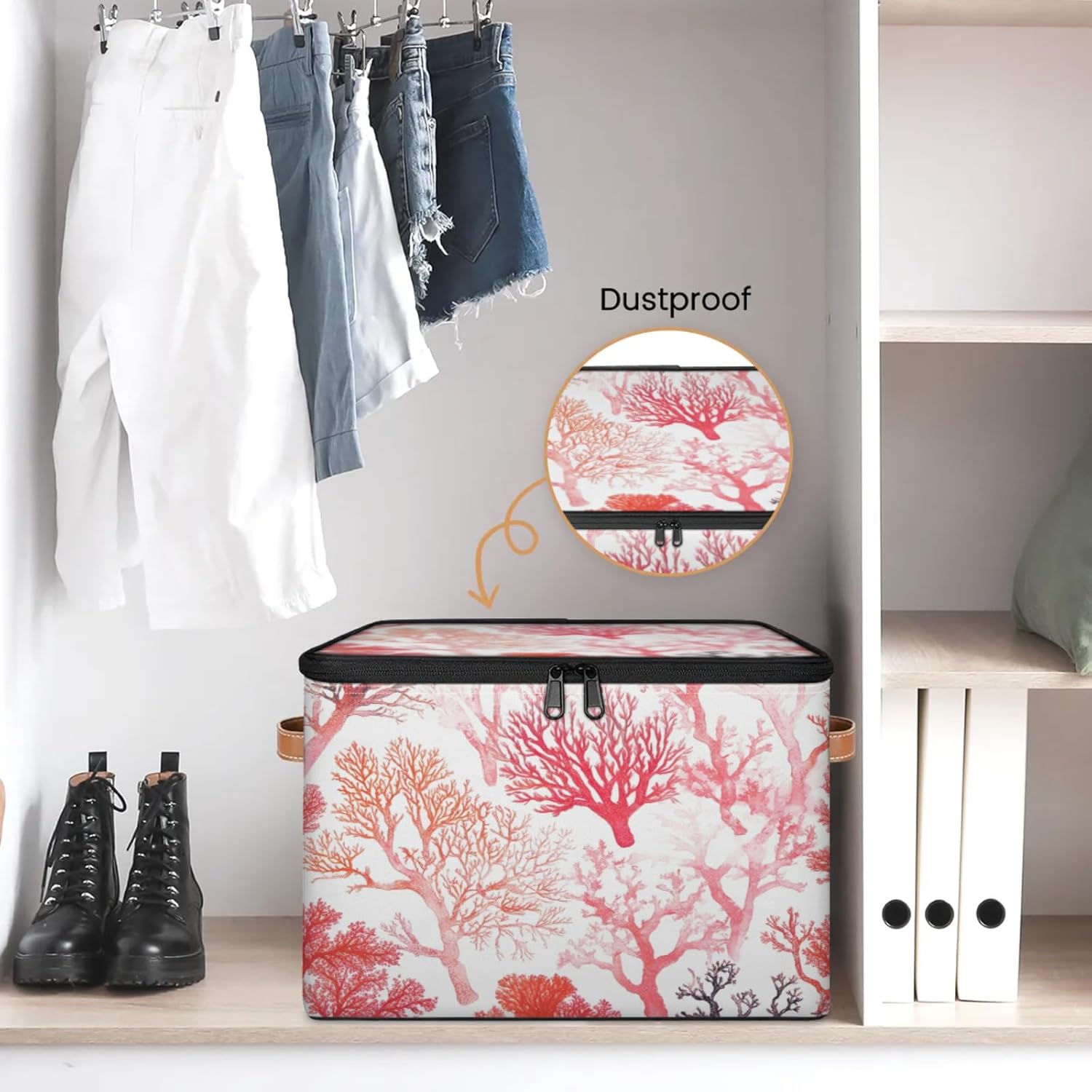 Coral Pattern Storage Box | Multi-Purpose Organizer with Zipper Lid & Side Handles | Storage Bin for Toys, Books, Clothes