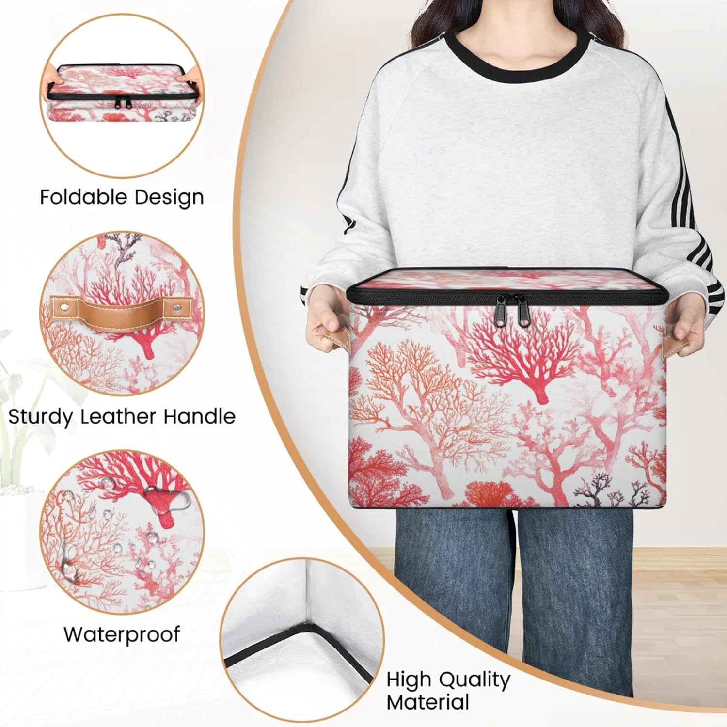 Coral Pattern Storage Box | Multi-Purpose Organizer with Zipper Lid & Side Handles | Storage Bin for Toys, Books, Clothes