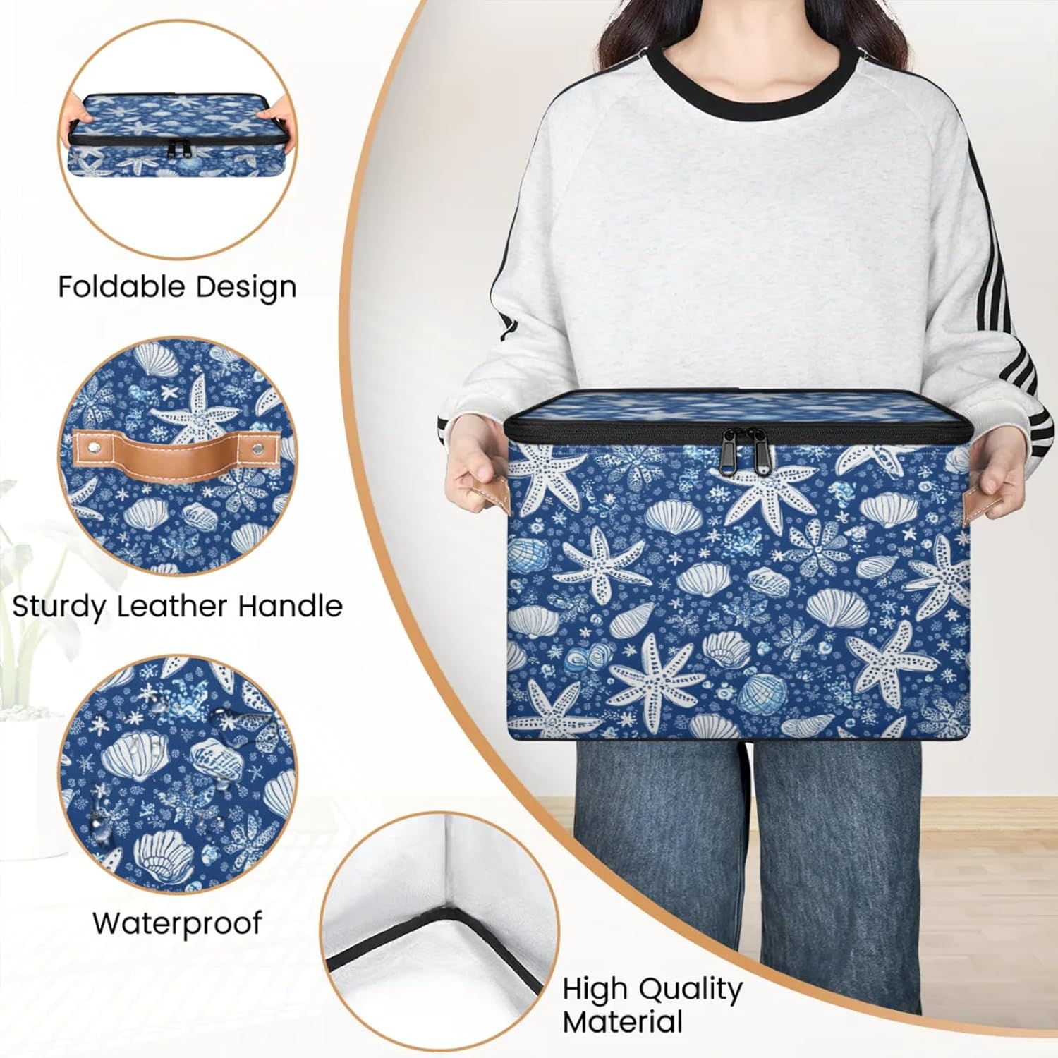 Ocean Starfish Seashell Print Storage Box | Large Fabric Foldable Organizer Bin with Zipper Lid and Side Handles | Clothes, Toys, Towels, and Books Storage