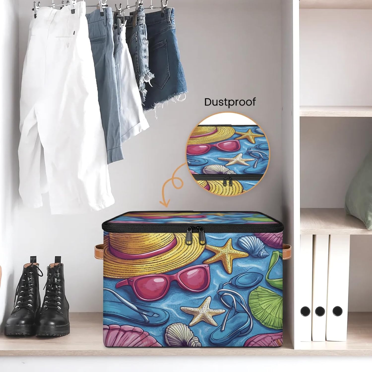 Beach Style Storage Box | Foldable Fabric Organizer with Zipper Lid and Handles | Large Capacity Clothes, Toys, Books, and Towels Bin
