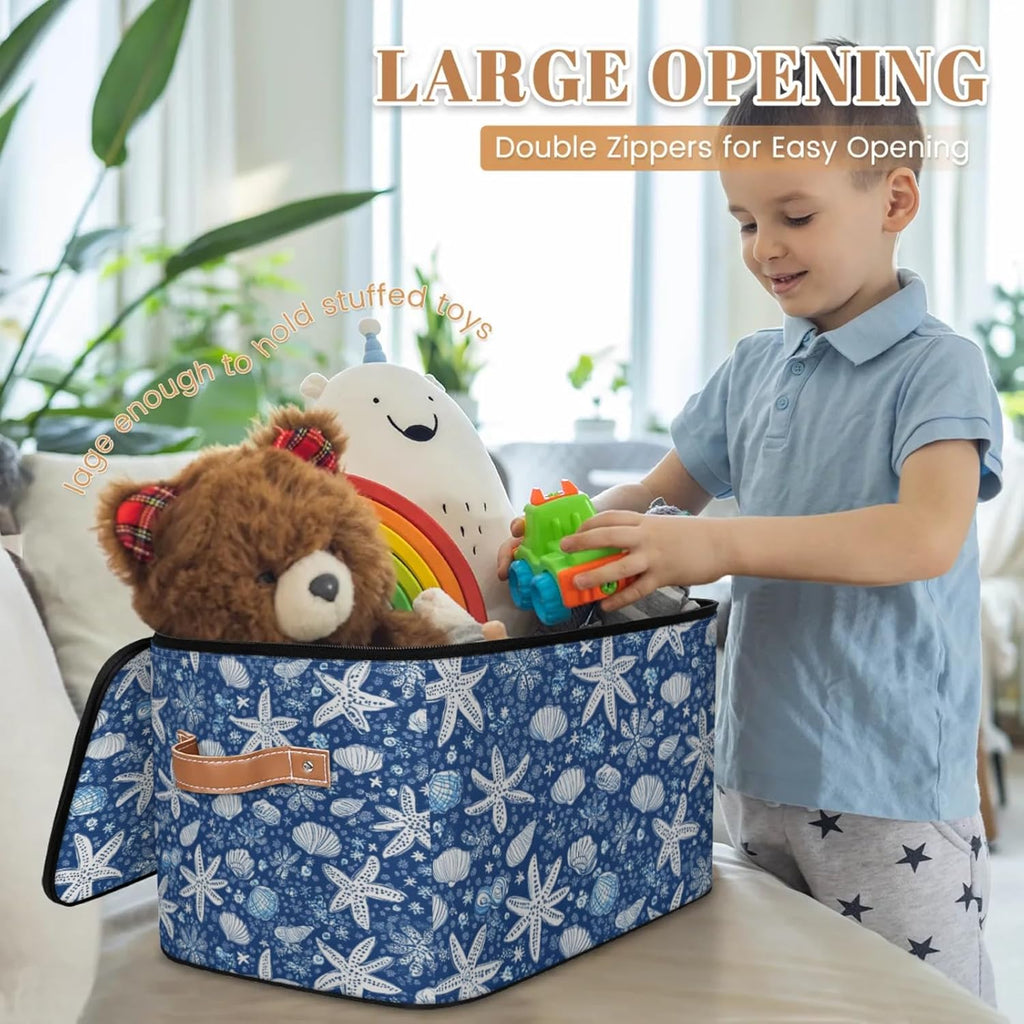 Ocean Starfish Seashell Print Storage Box | Large Fabric Foldable Organizer Bin with Zipper Lid and Side Handles | Clothes, Toys, Towels, and Books Storage