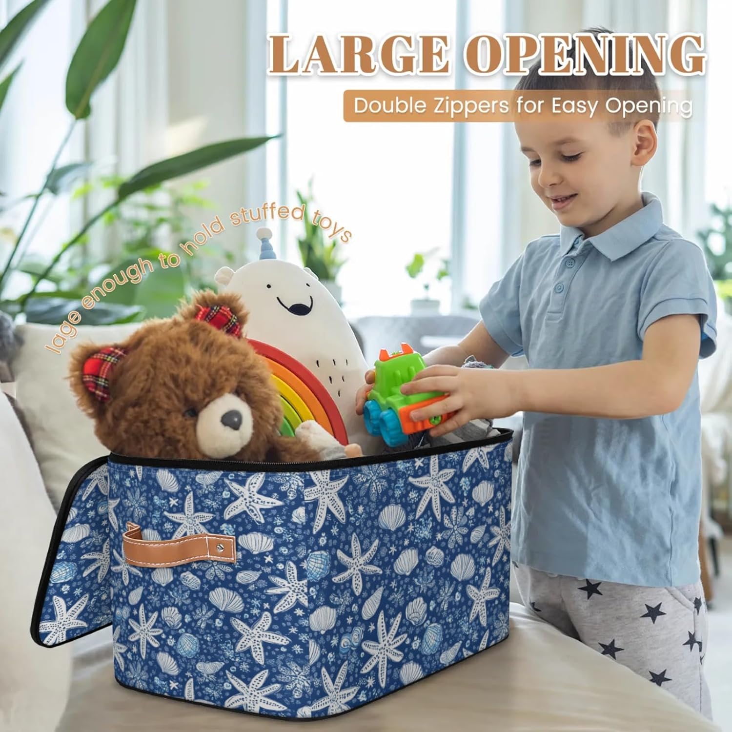 Ocean Starfish Seashell Print Storage Box | Large Fabric Foldable Organizer Bin with Zipper Lid and Side Handles | Clothes, Toys, Towels, and Books Storage