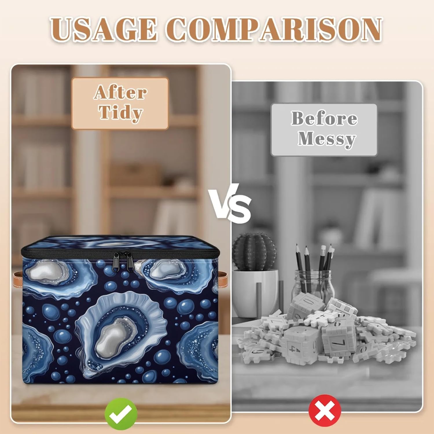 Ocean Oyster Print Storage Box — Fabric Organizer Bin with Zipper Lid & Side Handles, Foldable Large Capacity