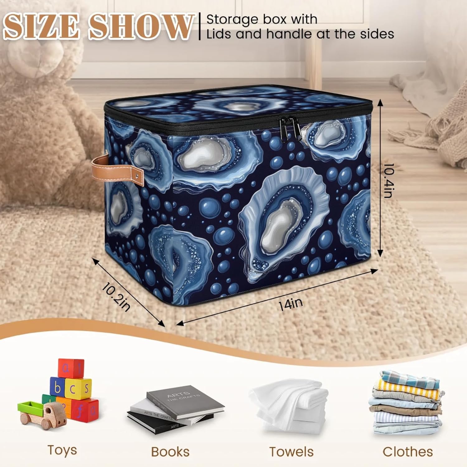 Ocean Oyster Print Storage Box — Fabric Organizer Bin with Zipper Lid & Side Handles, Foldable Large Capacity