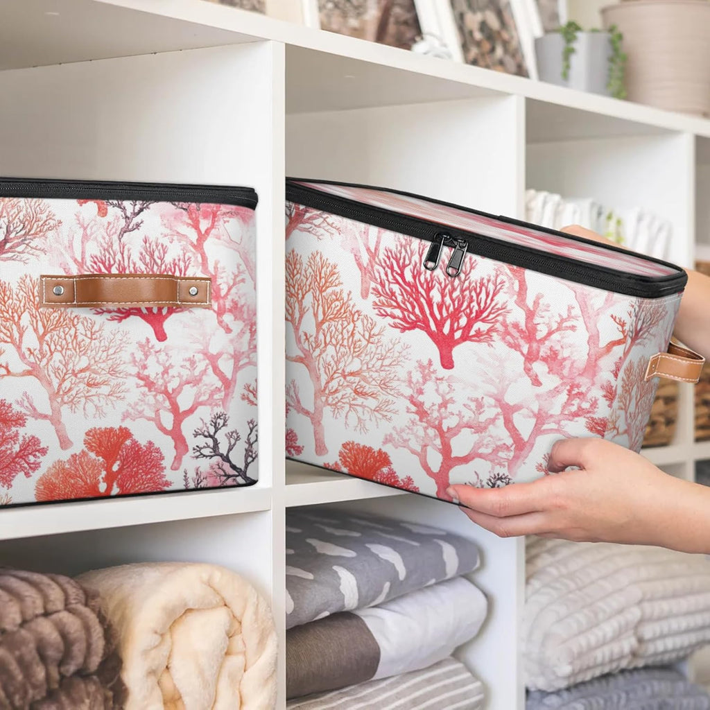 Coral Pattern Storage Box | Multi-Purpose Organizer with Zipper Lid & Side Handles | Storage Bin for Toys, Books, Clothes