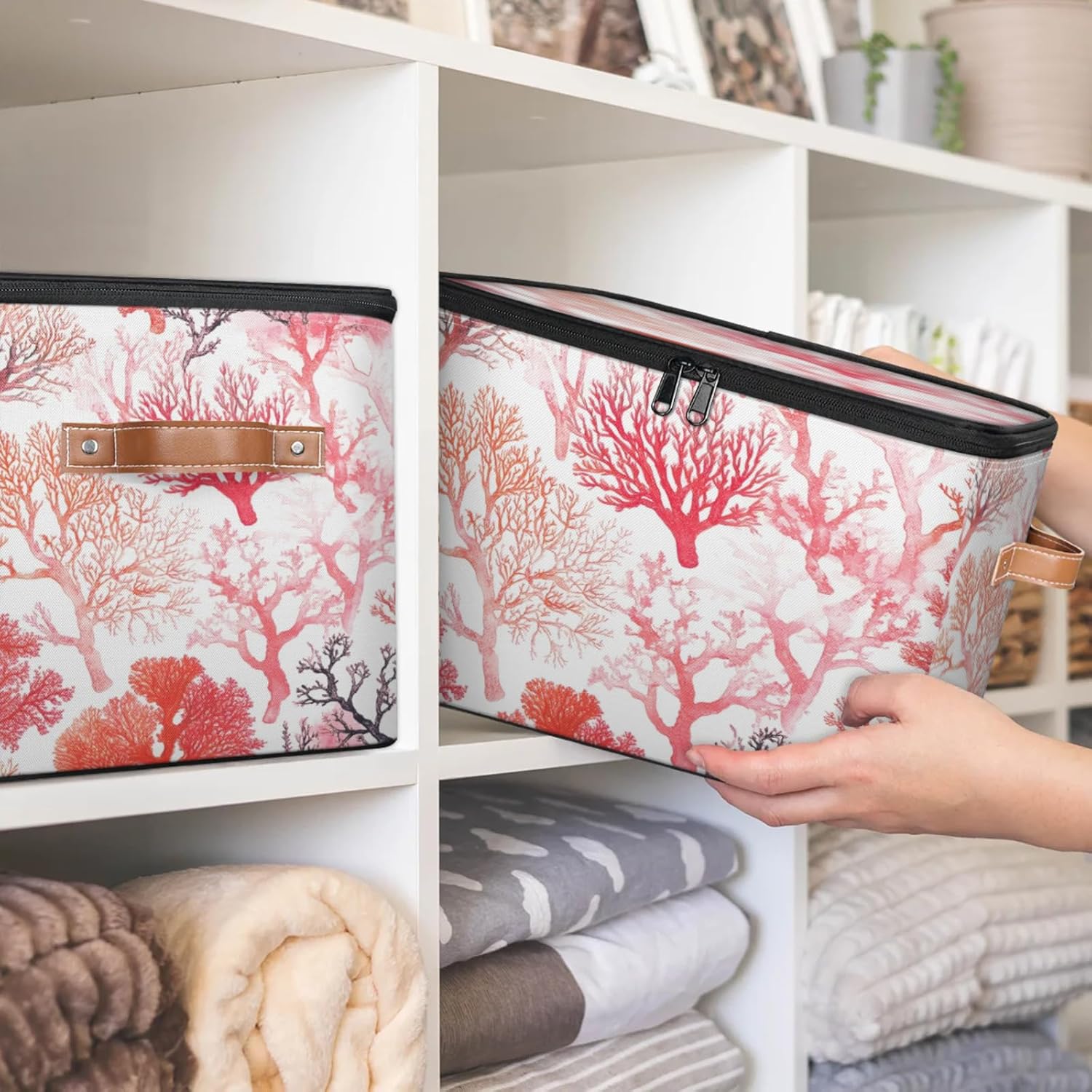 Coral Pattern Storage Box | Multi-Purpose Organizer with Zipper Lid & Side Handles | Storage Bin for Toys, Books, Clothes