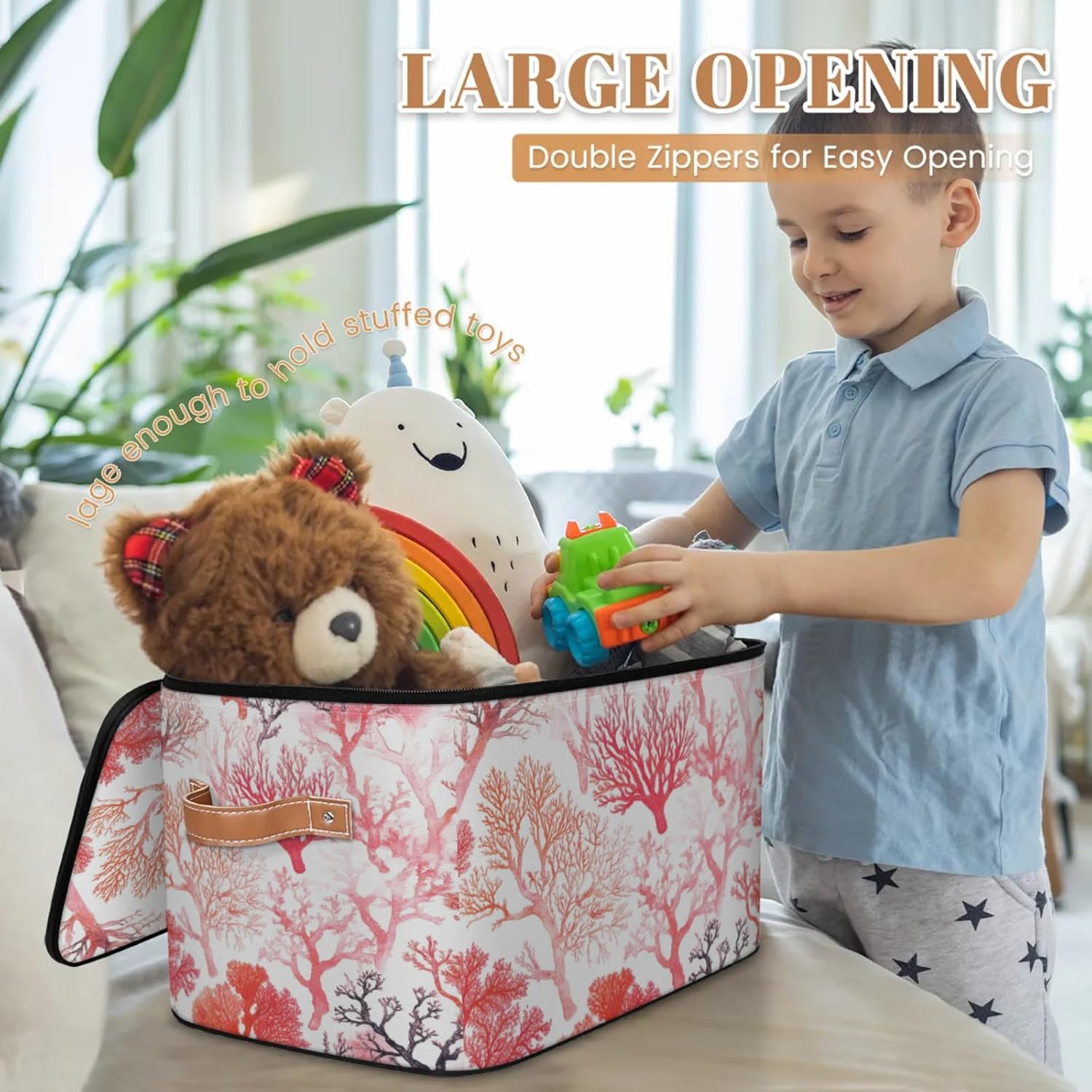 Coral Pattern Storage Box | Multi-Purpose Organizer with Zipper Lid & Side Handles | Storage Bin for Toys, Books, Clothes