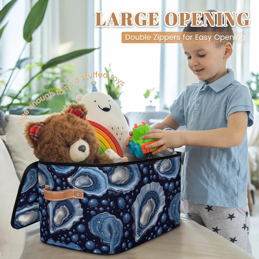 Ocean Oyster Print Storage Box — Fabric Organizer Bin with Zipper Lid & Side Handles, Foldable Large Capacity