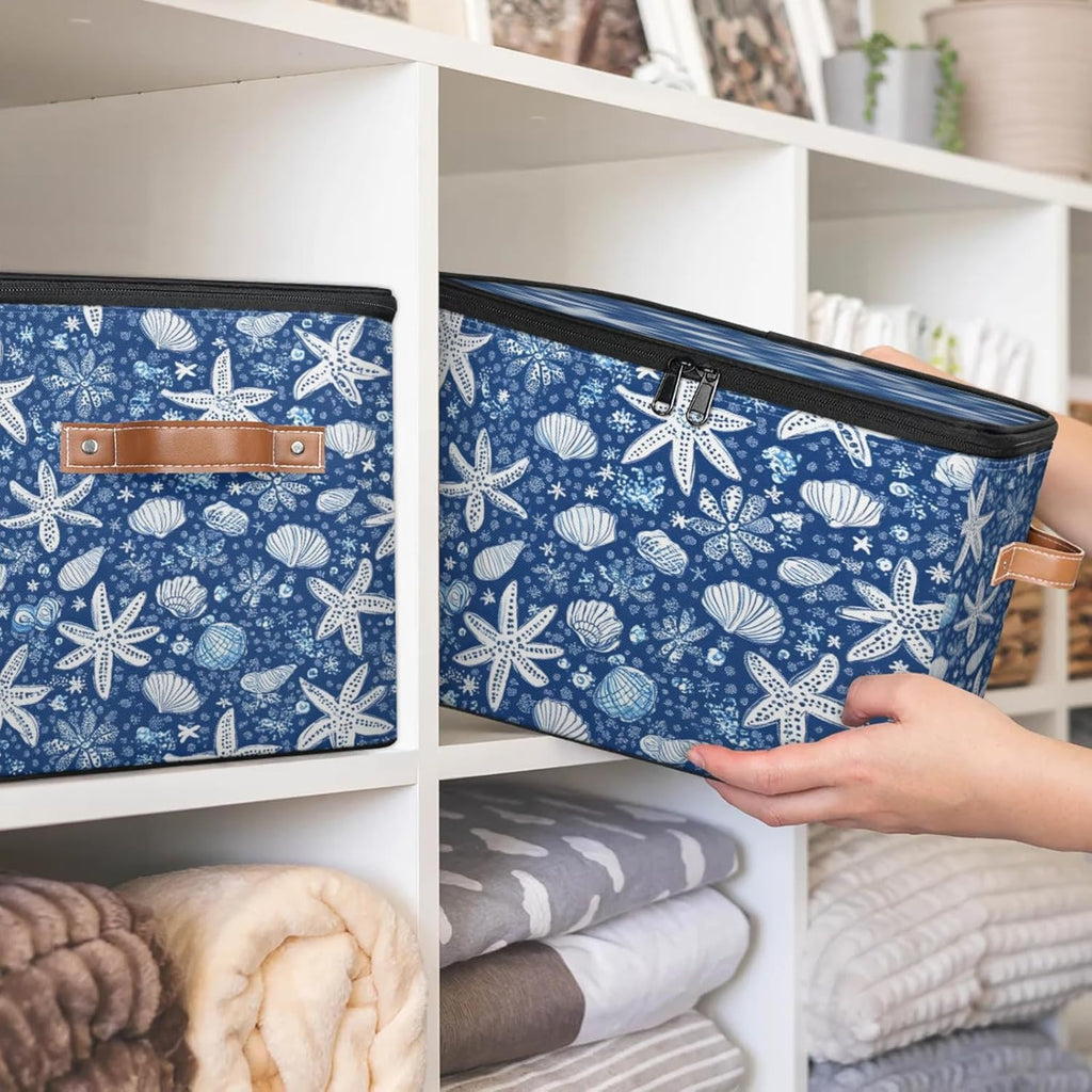 Ocean Starfish Seashell Print Storage Box | Large Fabric Foldable Organizer Bin with Zipper Lid and Side Handles | Clothes, Toys, Towels, and Books Storage