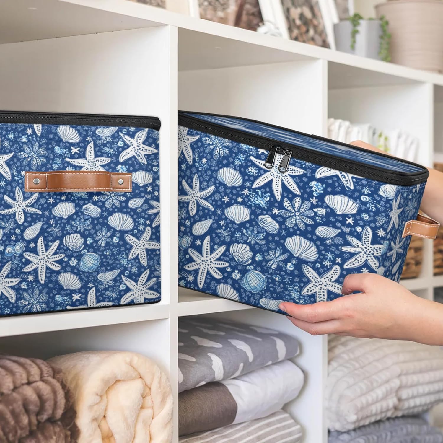 Ocean Starfish Seashell Print Storage Box | Large Fabric Foldable Organizer Bin with Zipper Lid and Side Handles | Clothes, Toys, Towels, and Books Storage