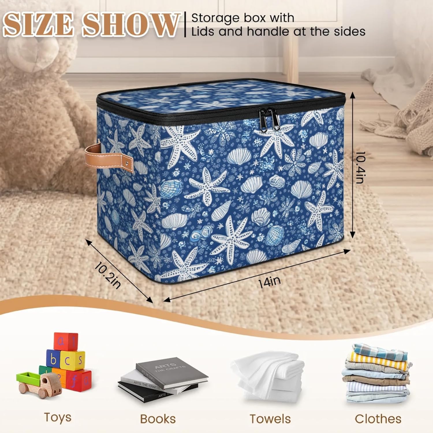 Ocean Starfish Seashell Print Storage Box | Large Fabric Foldable Organizer Bin with Zipper Lid and Side Handles | Clothes, Toys, Towels, and Books Storage